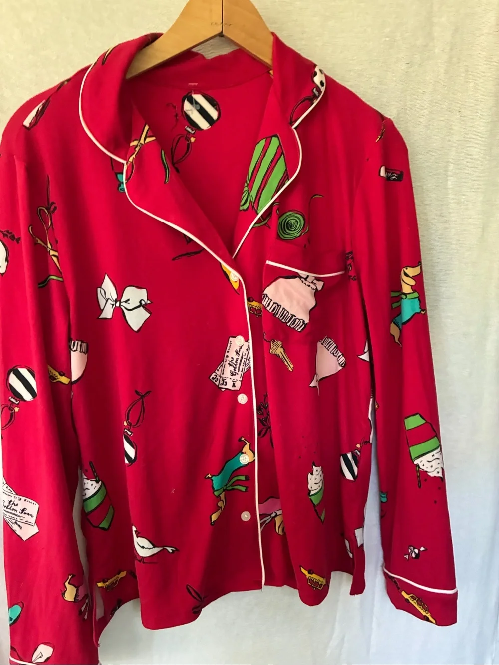 Kate Spade 2 Piece Pajama Set Small Elastic Waist Pants Button Down Christmas PJ